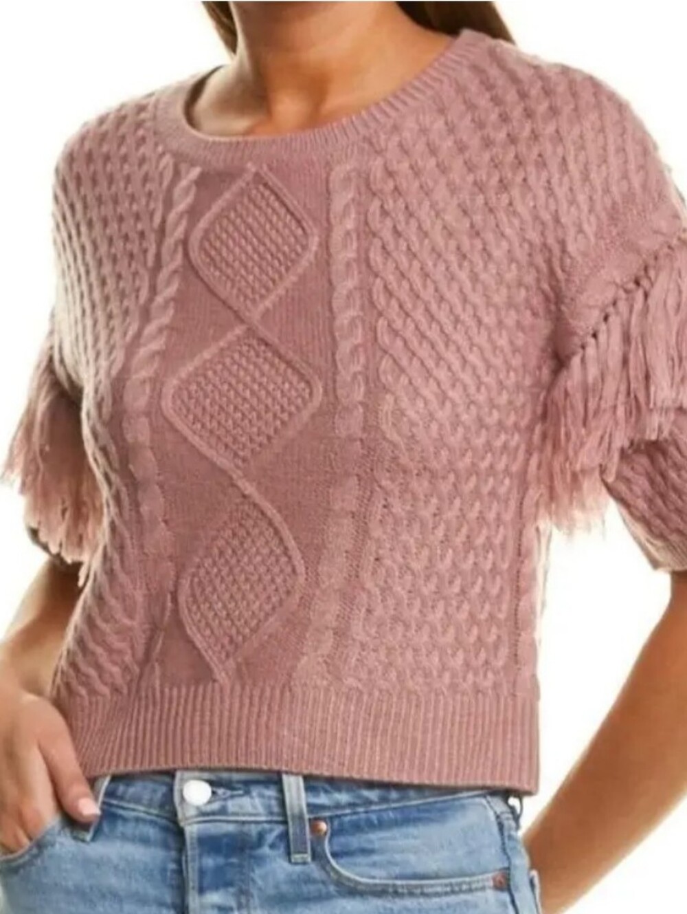 BB Dakota madden Fringe Out Dusty Rose Cable Knit Short Sleeve Sleeve Sweater L